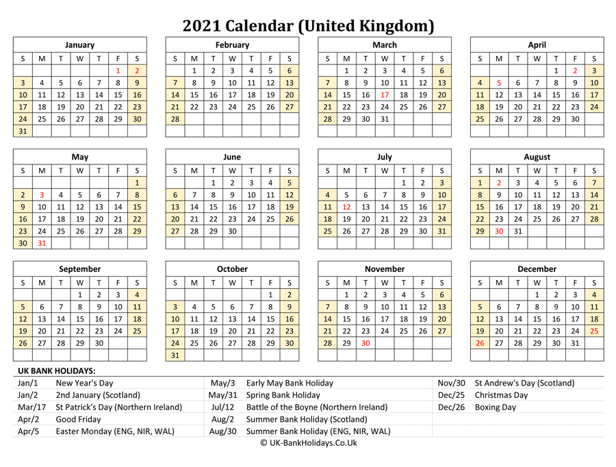 download 2021 uk calendar printable with holidays landscape layout
