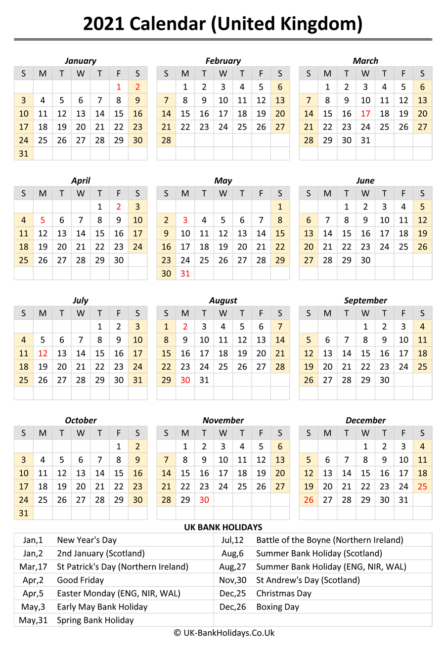 Download 2021 Uk Calendar Printable with Holidays (Portrait Layout)