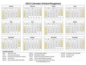 2022 uk calendar printable with holidays weeks start on sunday (landscape)