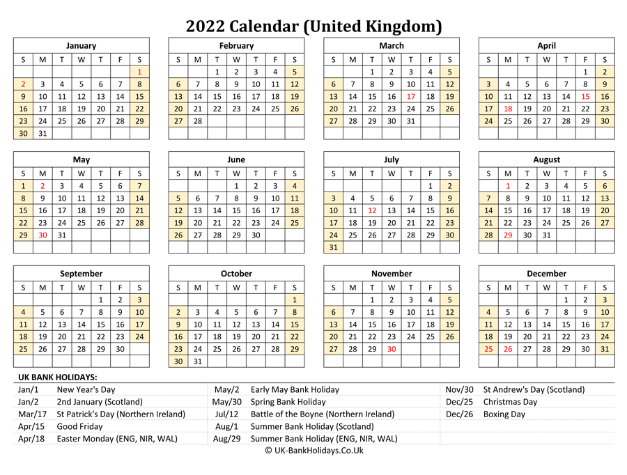 2022 Uk Calendar Printable Holidays Landscape