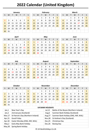 2022 uk calendar printable holidays weeks start on sunday (portrait)