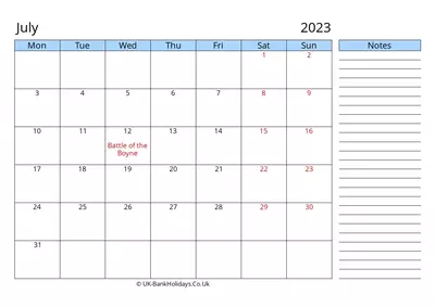 2023 july calendar landscape monday