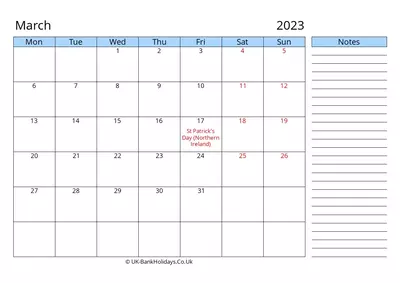 2023 march calendar landscape monday