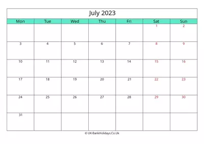 2023 monday start calendar july landscape