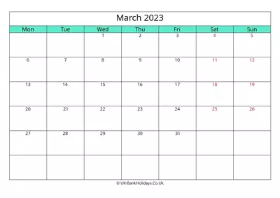 2023 monday start calendar march landscape
