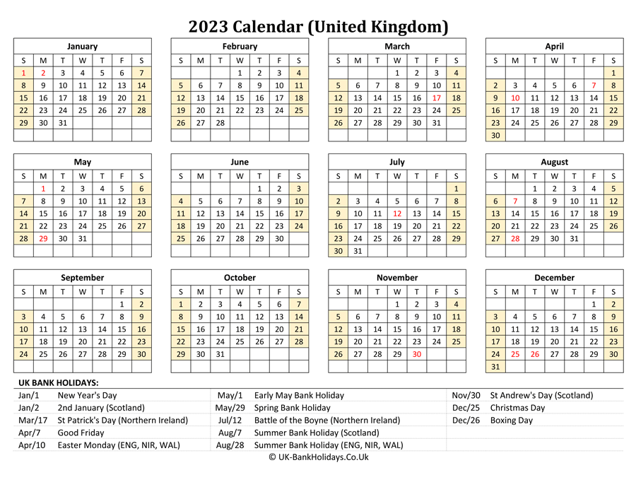 Download 2023 Uk Calendar Printable with Holidays (Landscape Layout)