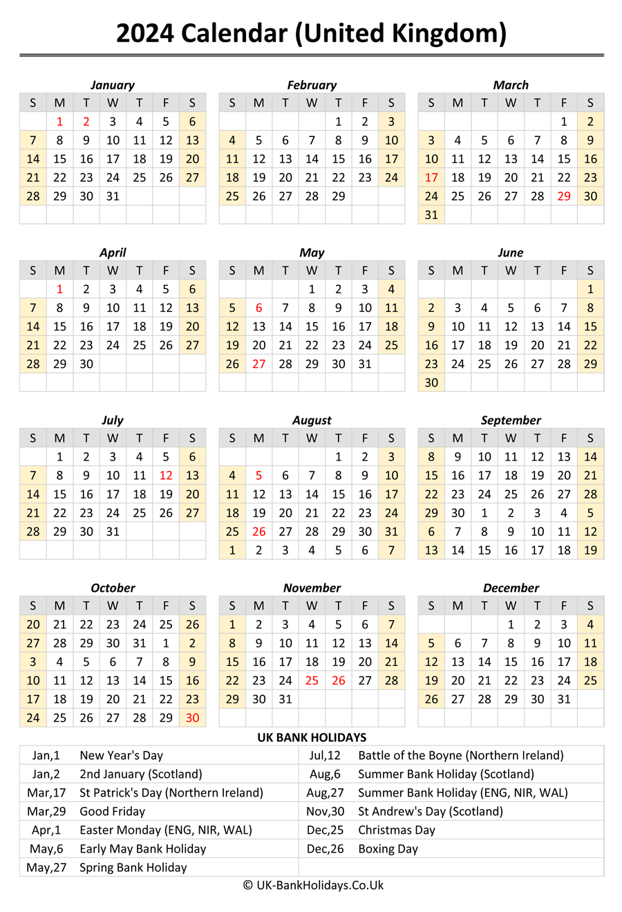 2024 Uk Calendar Printable Holidays Portrait