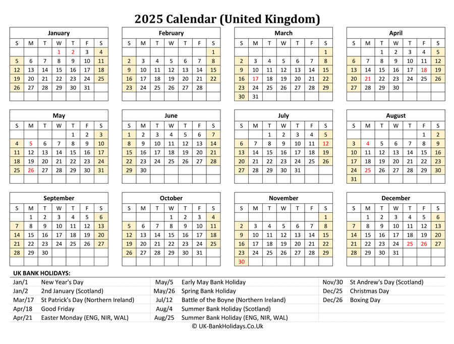Download 2025 Uk Calendar Printable with Holidays (Landscape Layout)