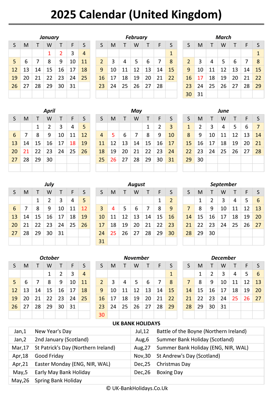 Uk Calendar 2025 With Bank Holidays Printable 