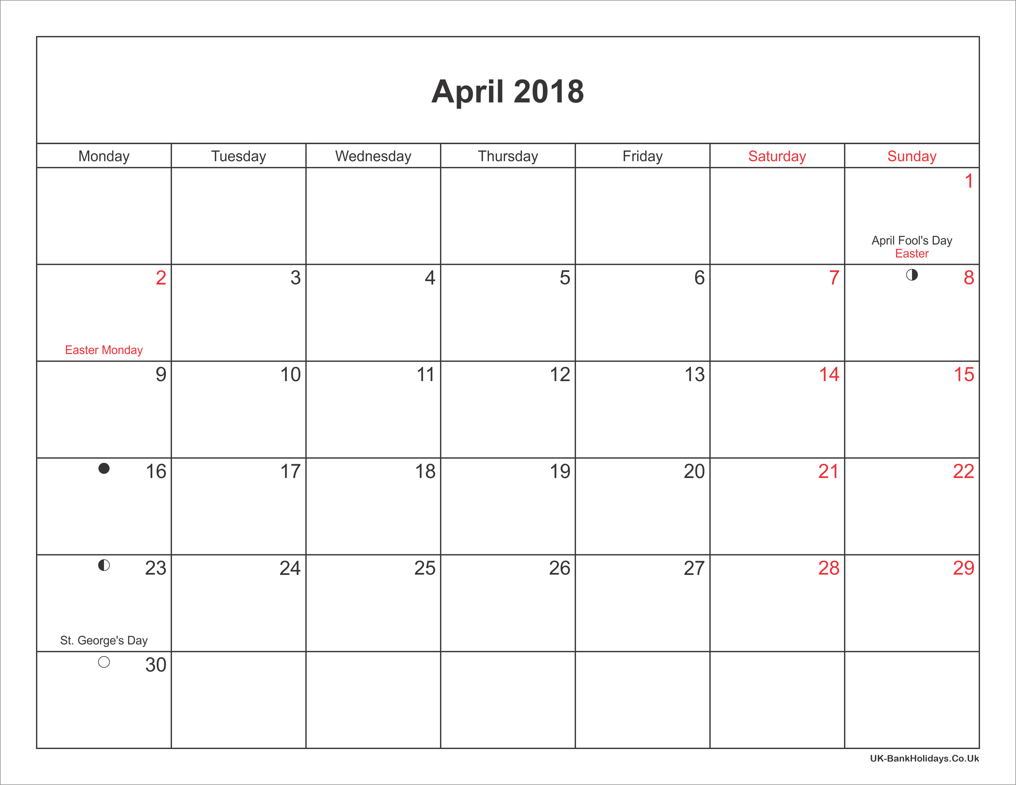 April 2018 Calendar Printable With Bank Holidays UK