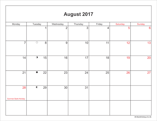 August 2017 Calendar Printable With Bank Holidays UK