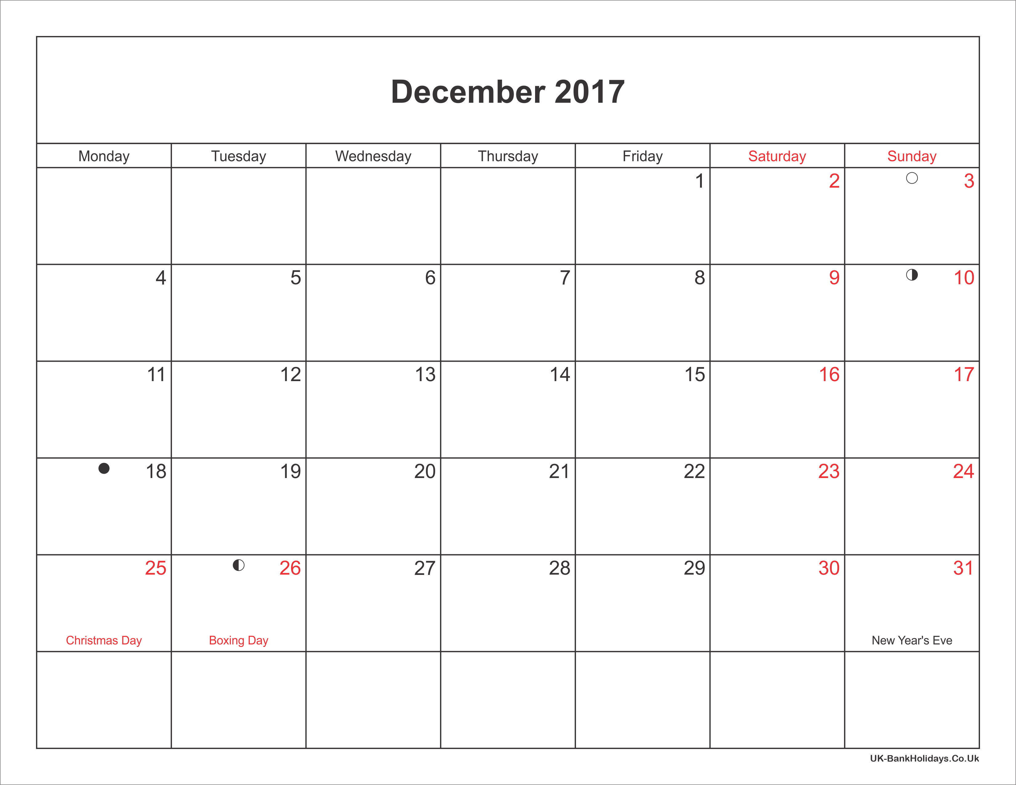 2017 December Calendar With Holidays