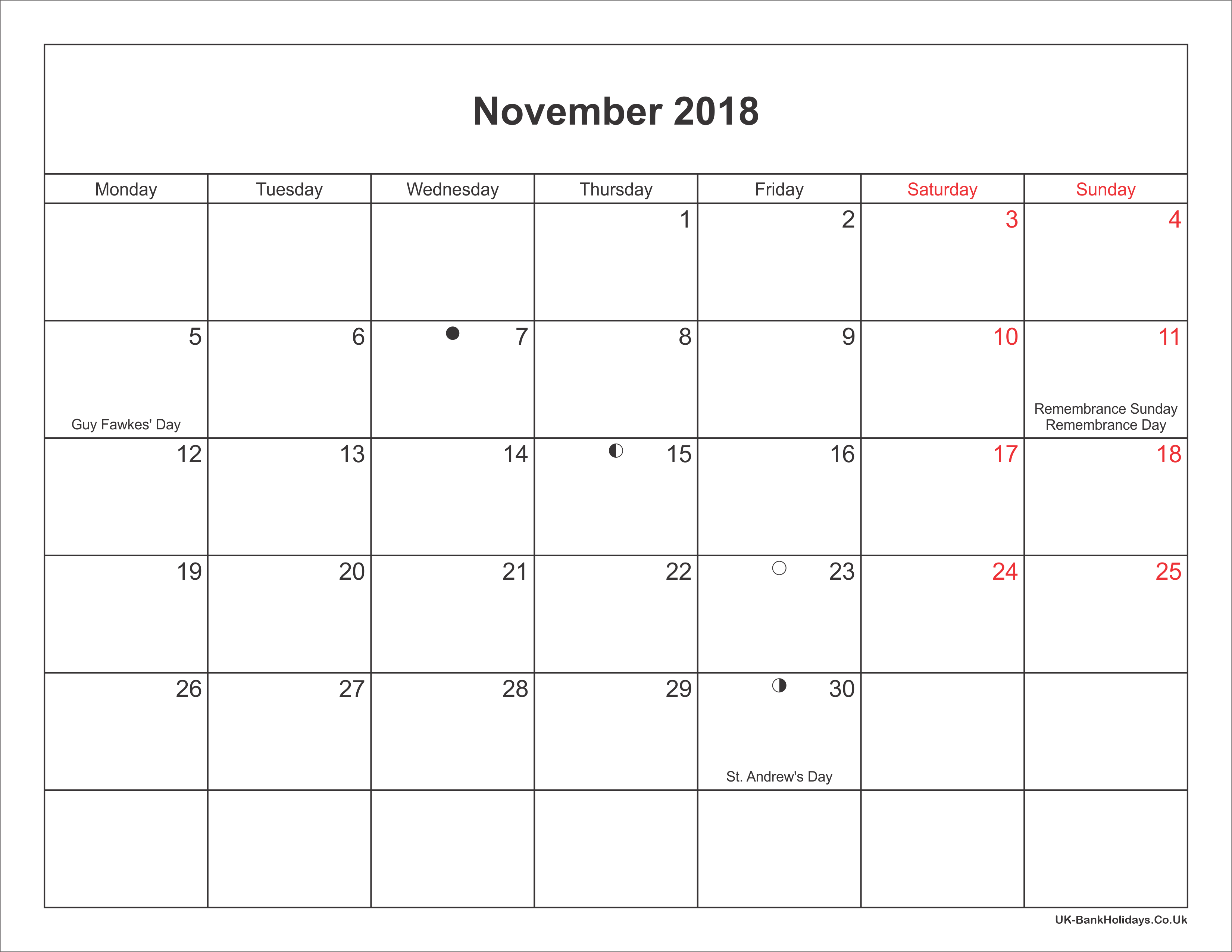 2018 November Calendar Uk 5