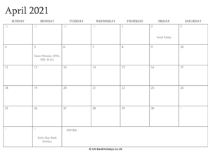april 2021 editable uk calendar with holidays