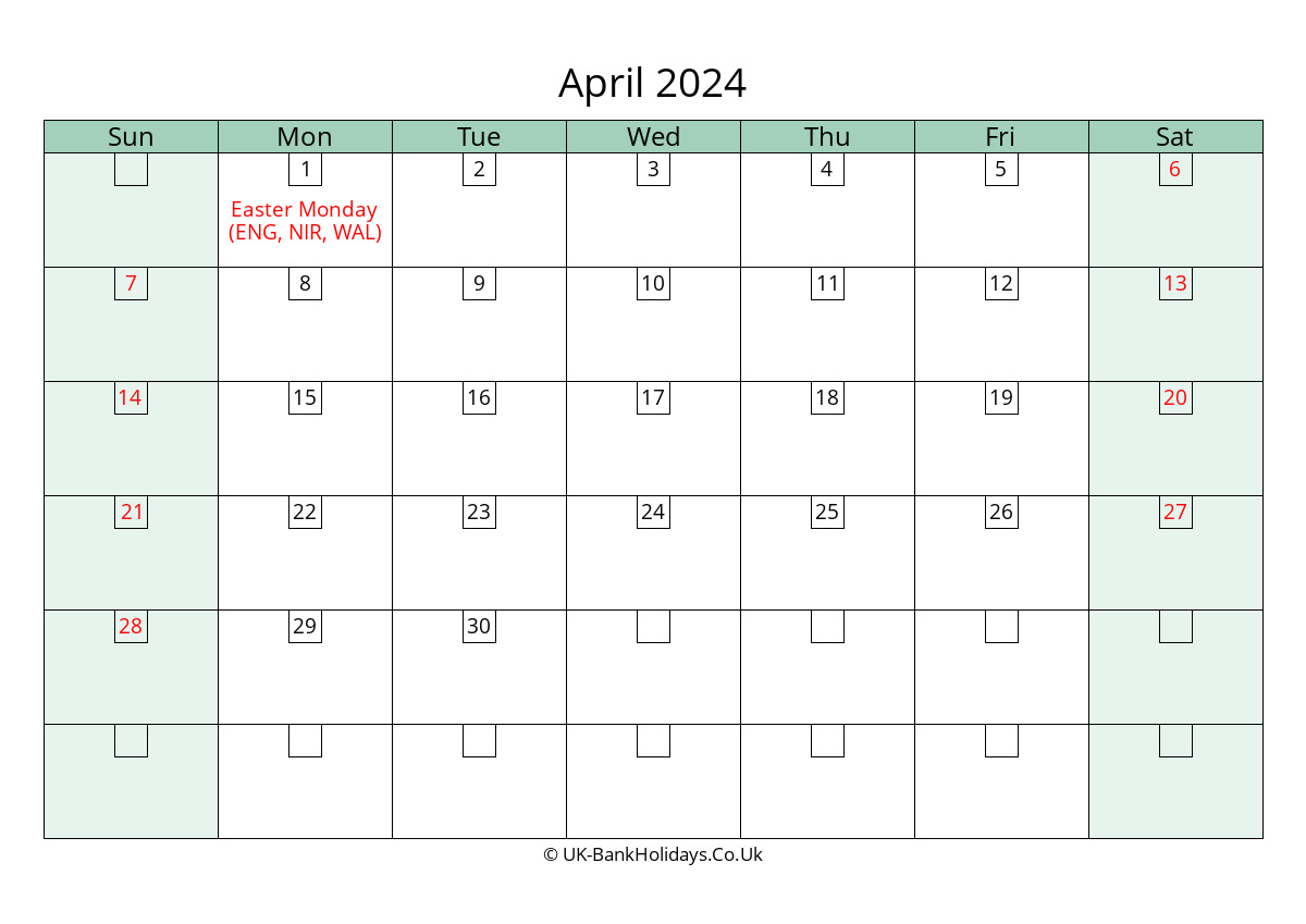 april 2024 calendar printable with bank holidays uk landscape