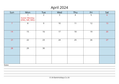 2024 April Calendar with Notes