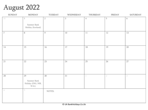 august 2022 editable uk calendar with holidays week start on sunday