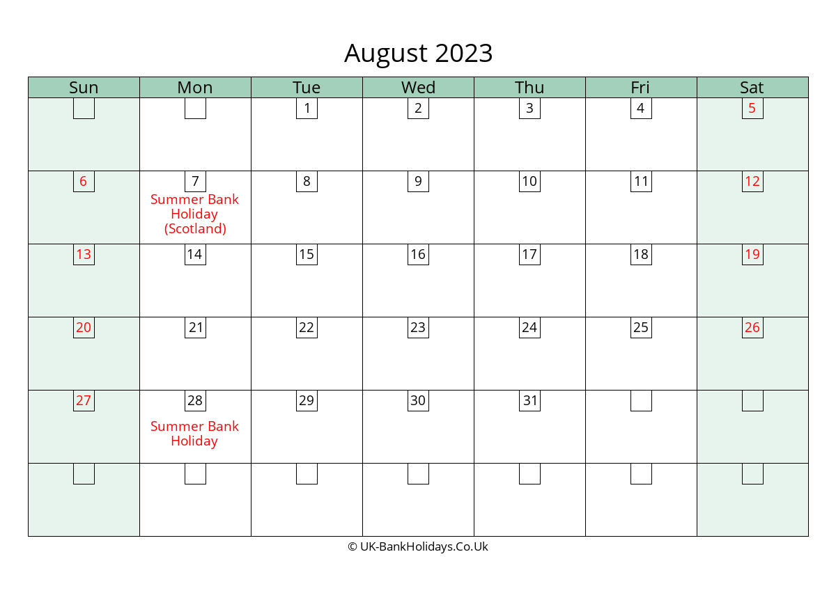 august 2023 calendar printable with bank holidays uk landscape