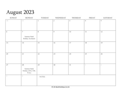august 2023 editable uk calendar with holidays