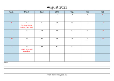 2023 August Calendar with Notes