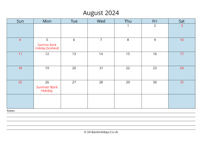 2024 August Calendar with Notes