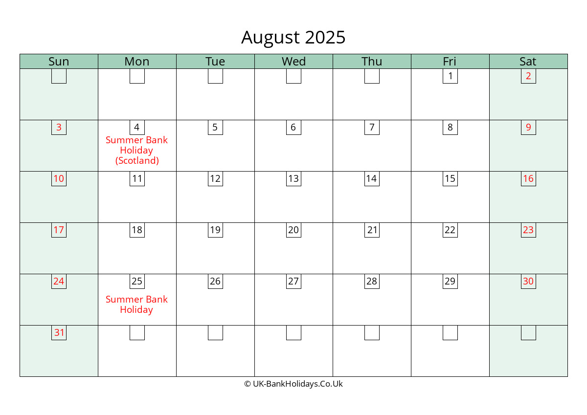 August 2025 Calendar Printable with Bank Holidays UK