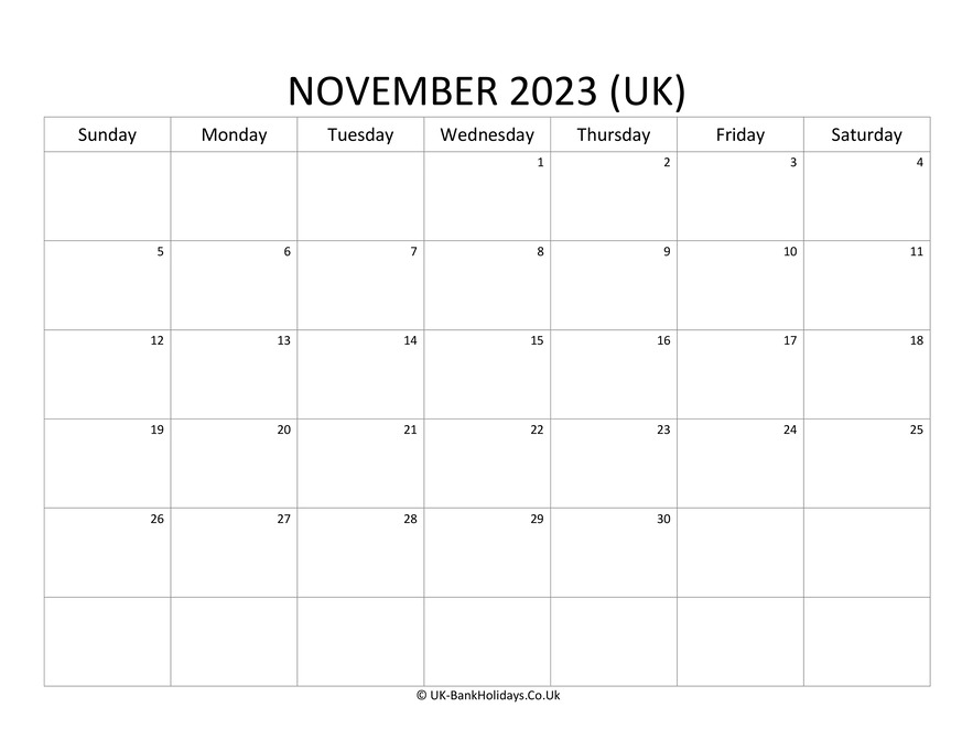 Blank Uk Calendar November 2023