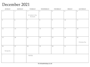 december 2021 editable uk calendar with holidays