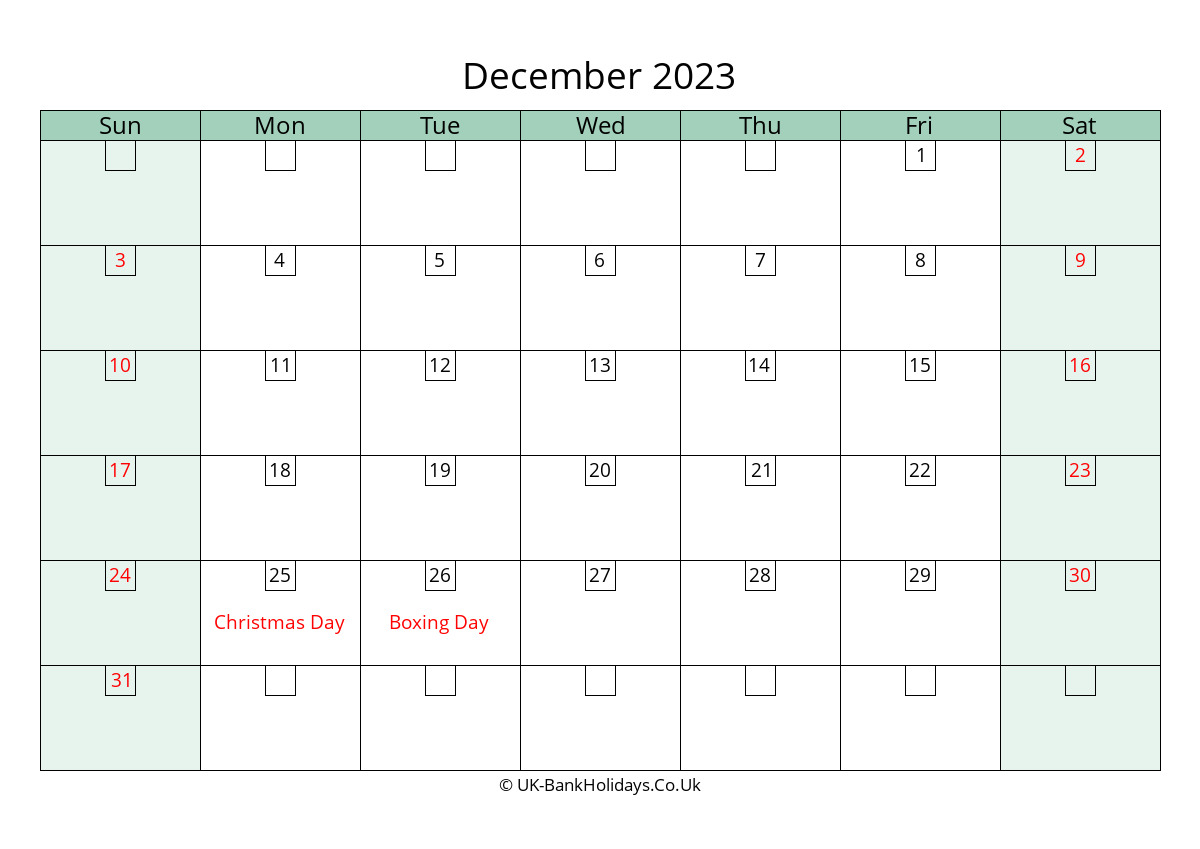december 2023 calendar printable with bank holidays uk landscape