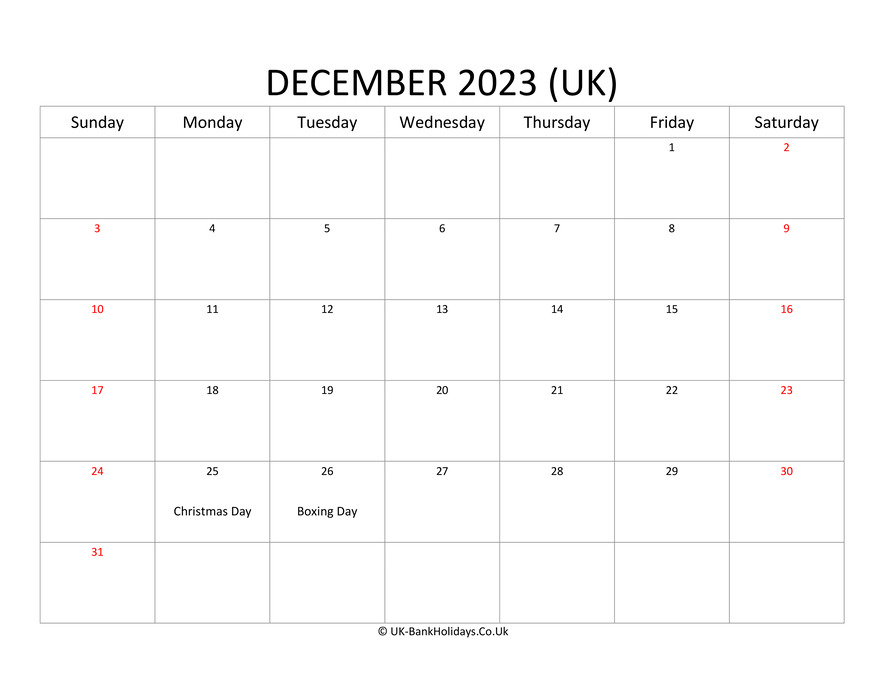 Editable December 2023 Monthly Uk Calendar