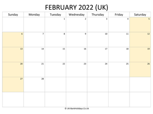 editable february 2022 uk calendar