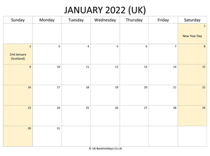 editable january 2022 uk calendar