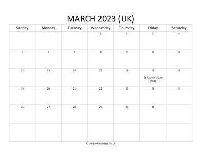editable march 2023 monthly uk calendar
