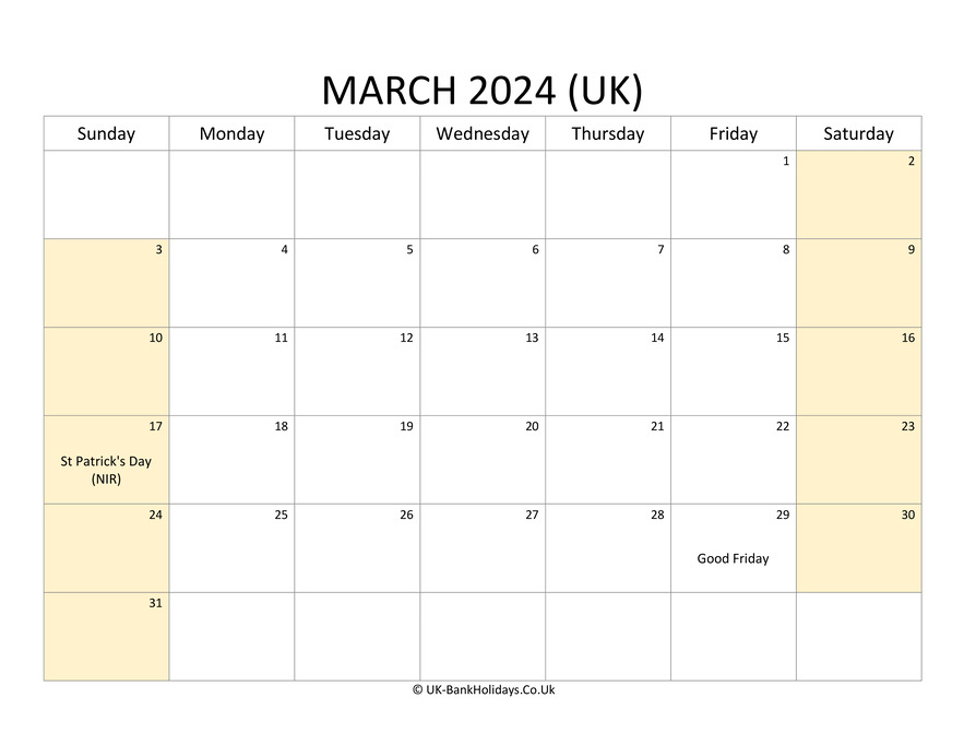 March 2024 Calendar Printable with Bank Holidays UK