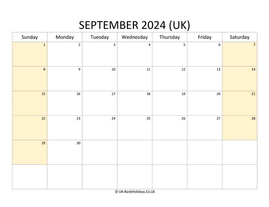 Editable September 2024 Uk Calendar Landscape