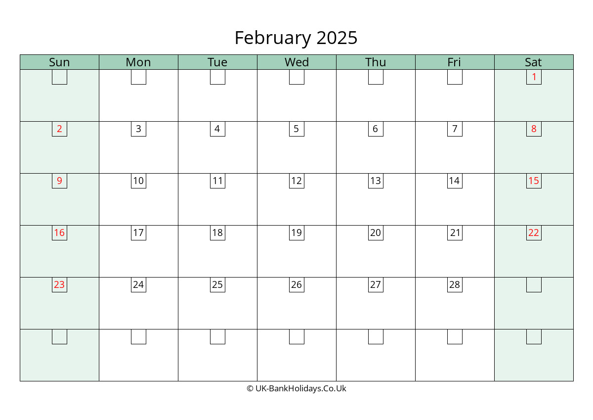 february 2025 calendar printable with bank holidays uk landscape