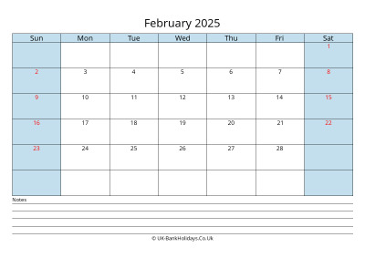 2025 February Calendar with Notes