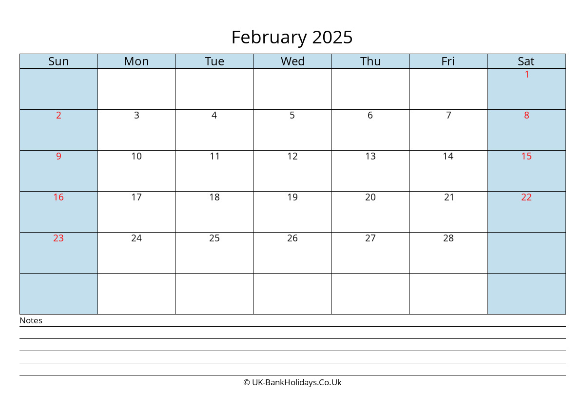 February 2025 Calendar Printable with Bank Holidays UK