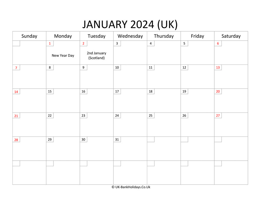 Free Printable Uk Calendar January 2024