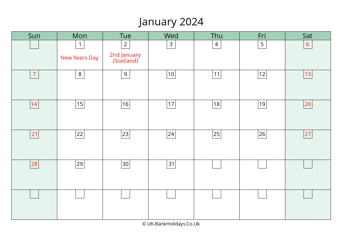 january 2024 calendar printable with bank holidays uk landscape