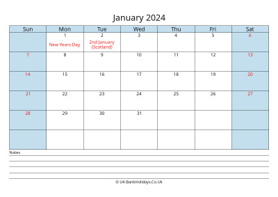 2024 January Calendar with Notes