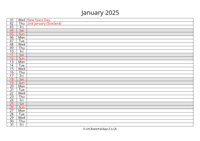 January 2025 Monthly Calendar Free