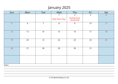 2025 January Calendar with Notes