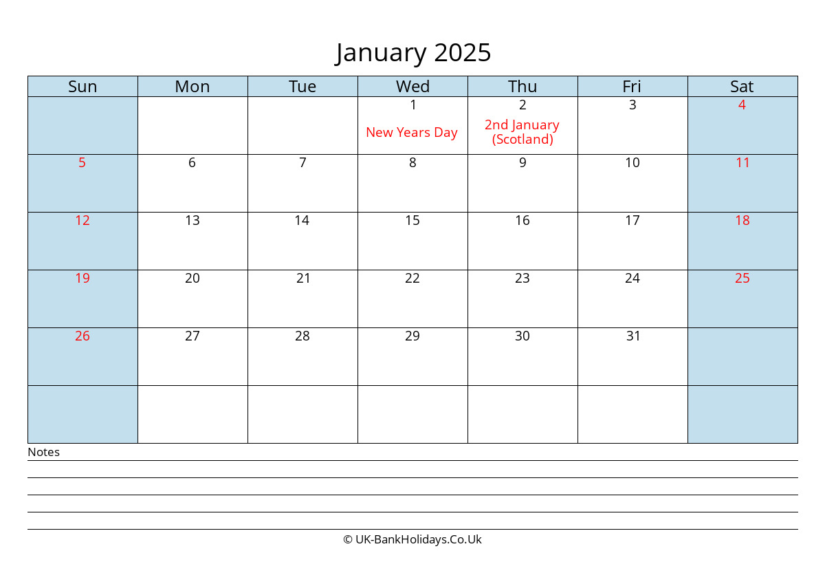 January 2025 Calendar Printable with Bank Holidays UK