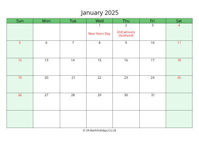 January 2025 Calendar to Print