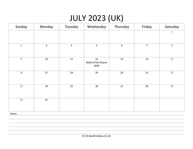 july 2023 uk calendar with notes