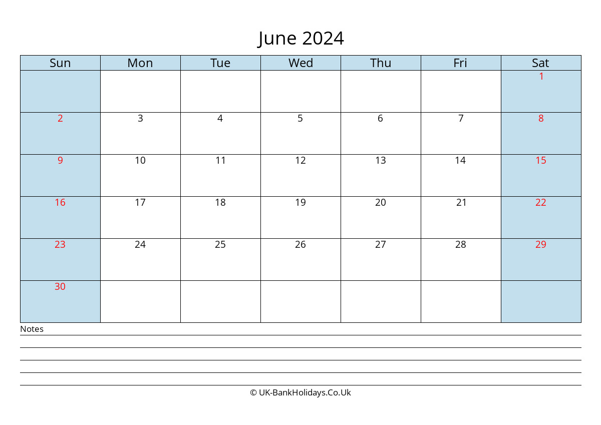 June 2024 Calendar Printable with Bank Holidays UK