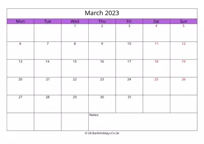 march 2023 calendar monday start landscape