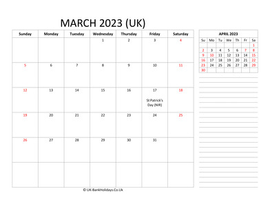 march 2023 uk calendar template