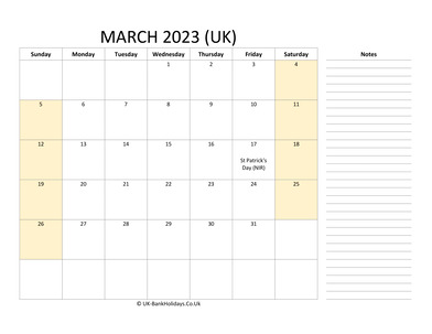 march 2023 uk calendar that work
